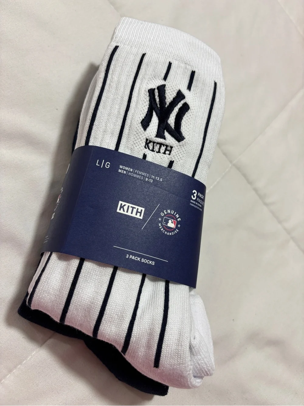 Kith White Crew Socks with Black Pinstripes & NY Logo (3-Pack)